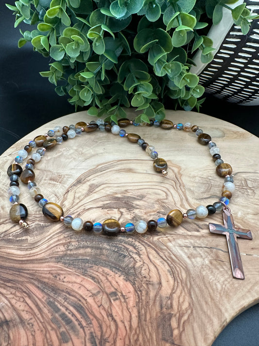 Tigers Eye, Citrine, Hematite, Mystic Aura Quartz and Copper Cross Pendant Necklace 27"