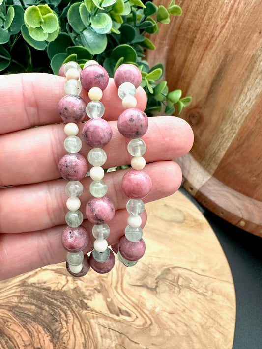 Rhodonite, Prehnite and Fossil Jasper Bracelet