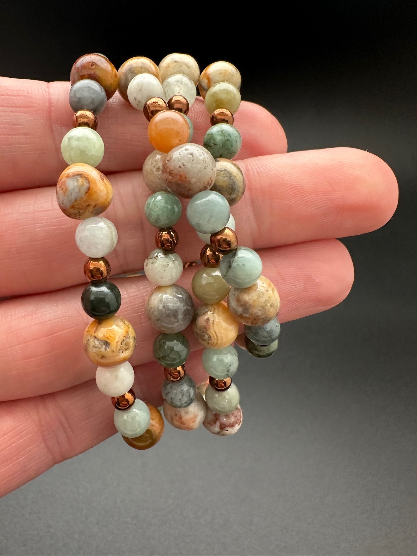 Crazy Lace Agate, Burmese Jade and Hematite Bracelet