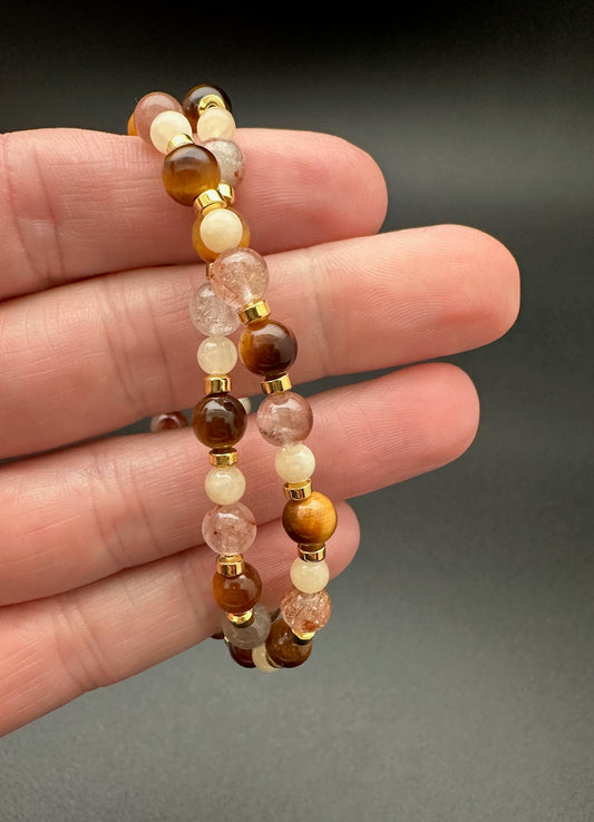 Tigers Eye, Rutile Quartz, Yellow Calcite and Hematite Bracelet