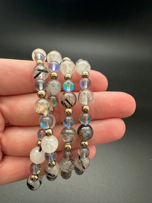 Tourmalated Quartz, Mystic Quartz and Hematite Bracelet