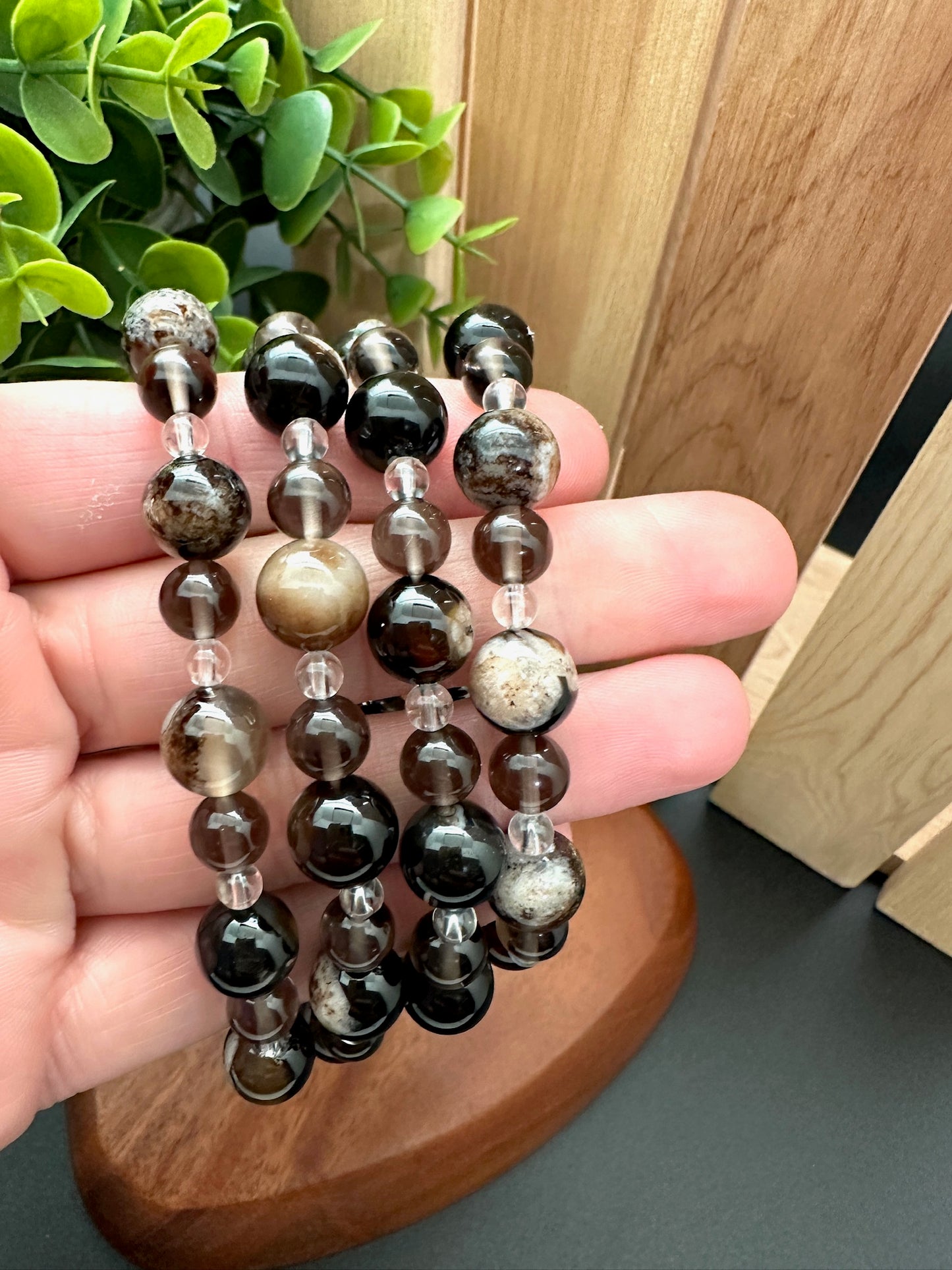 Calico Tourmaline, Smokey Quartz and Clear Quartz Bracelet