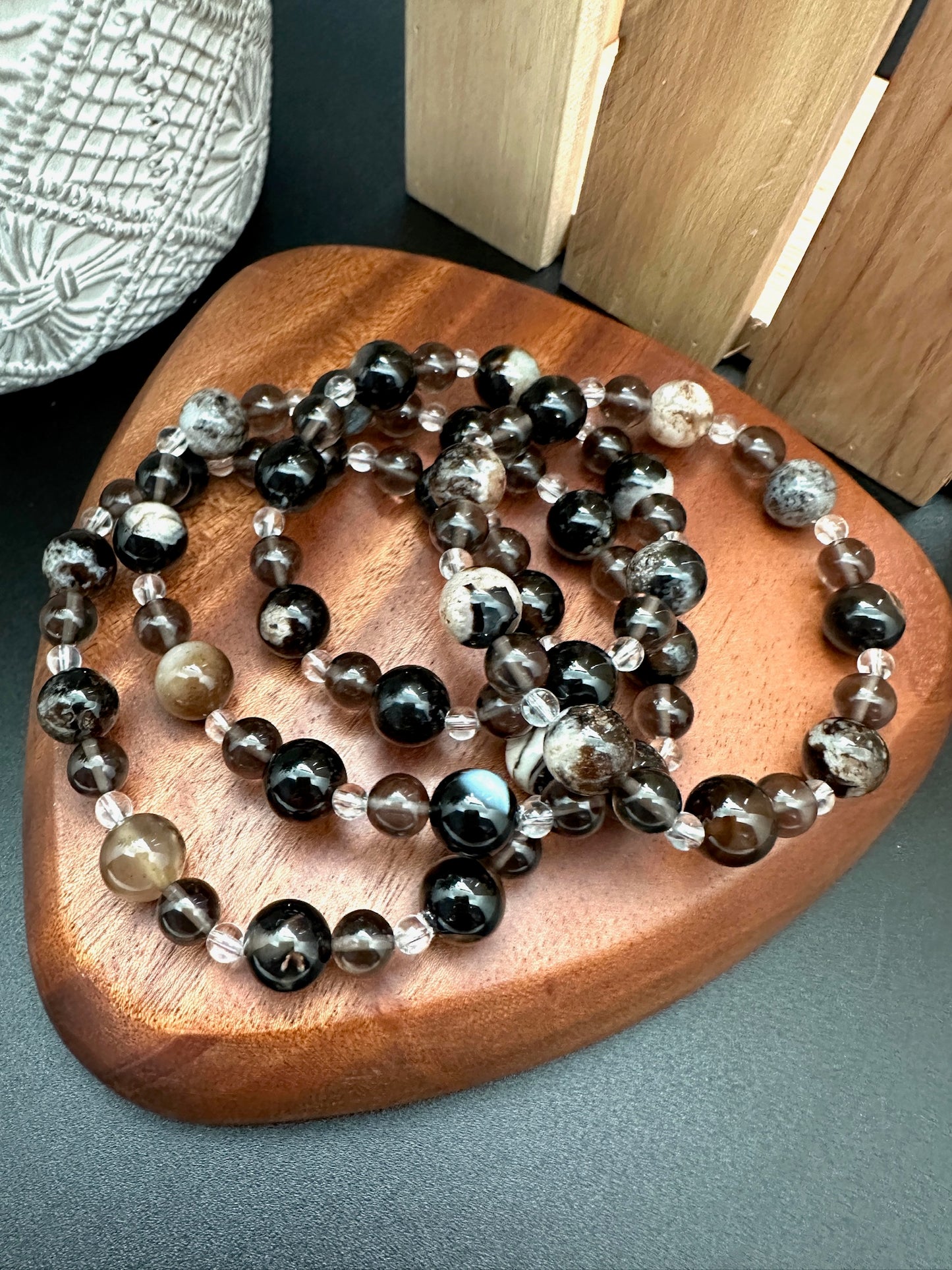 Calico Tourmaline, Smokey Quartz and Clear Quartz Bracelet