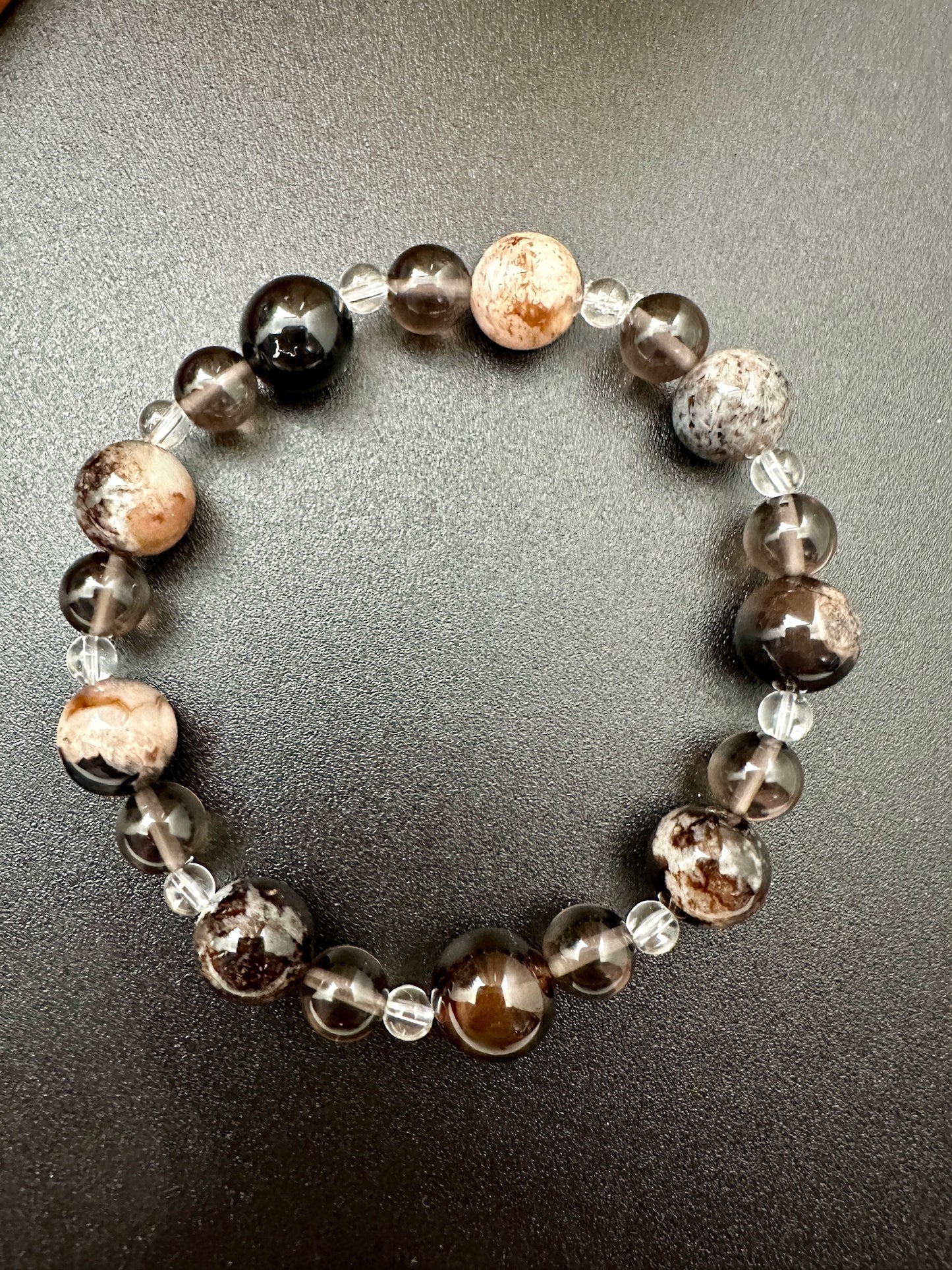 Calico Tourmaline, Smokey Quartz and Clear Quartz Bracelet