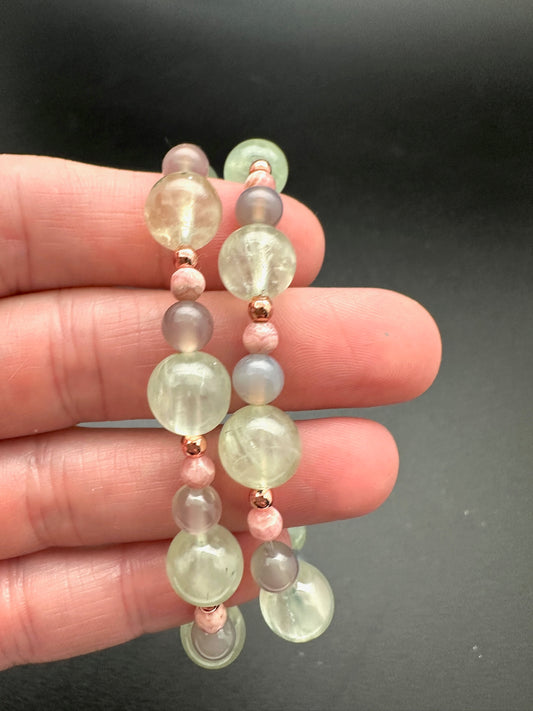 Prehnite, Rhodochrosite, Grey Chalcedony, & Hematite Bracelet