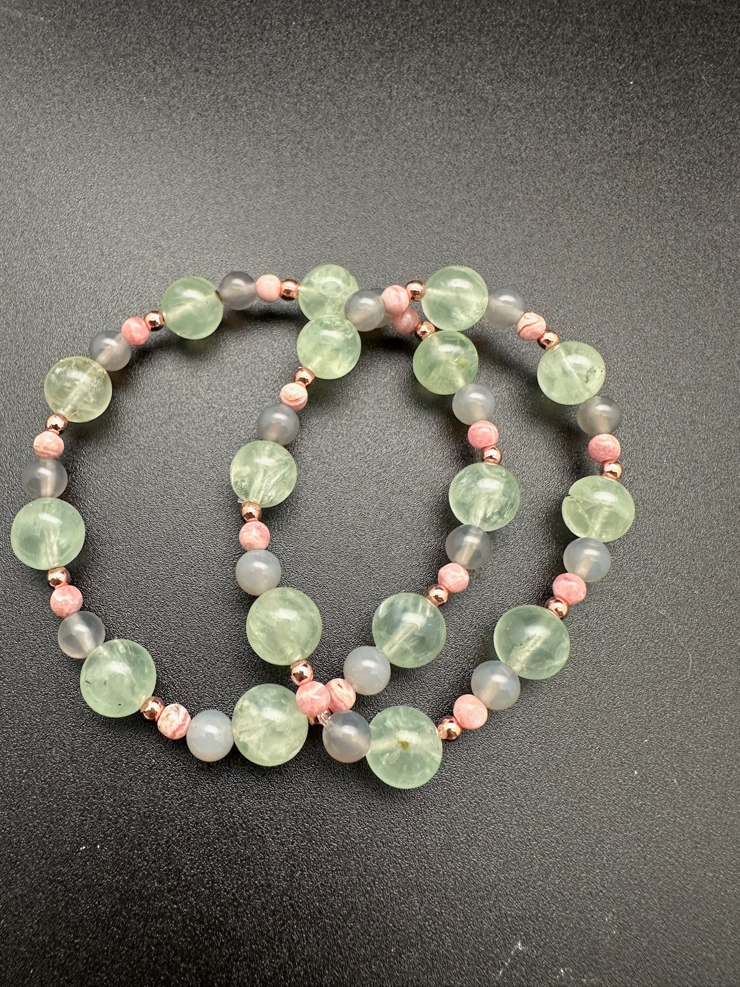 Prehnite, Rhodochrosite, Grey Chalcedony, & Hematite Bracelet