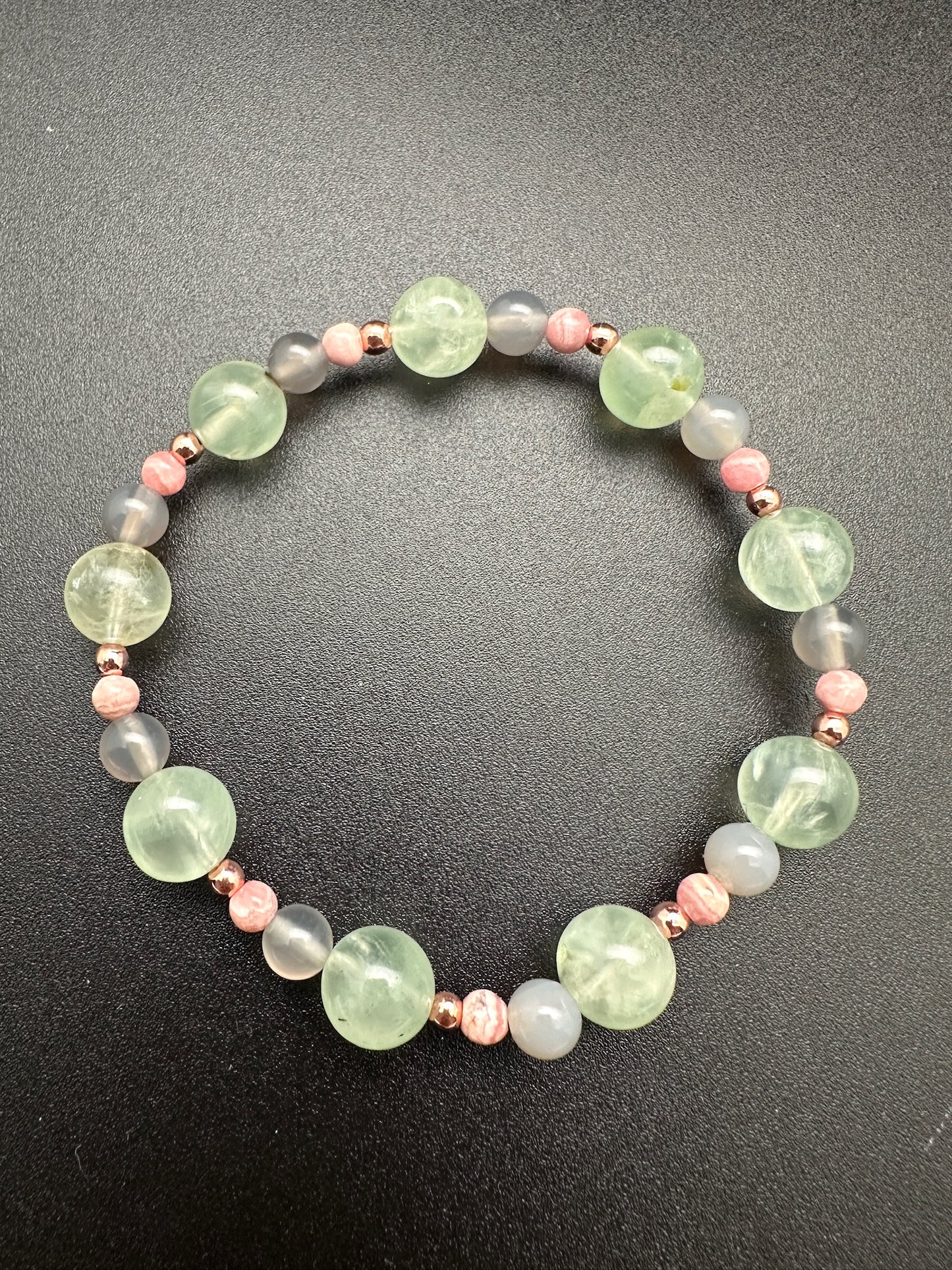 Prehnite, Rhodochrosite, Grey Chalcedony, & Hematite Bracelet