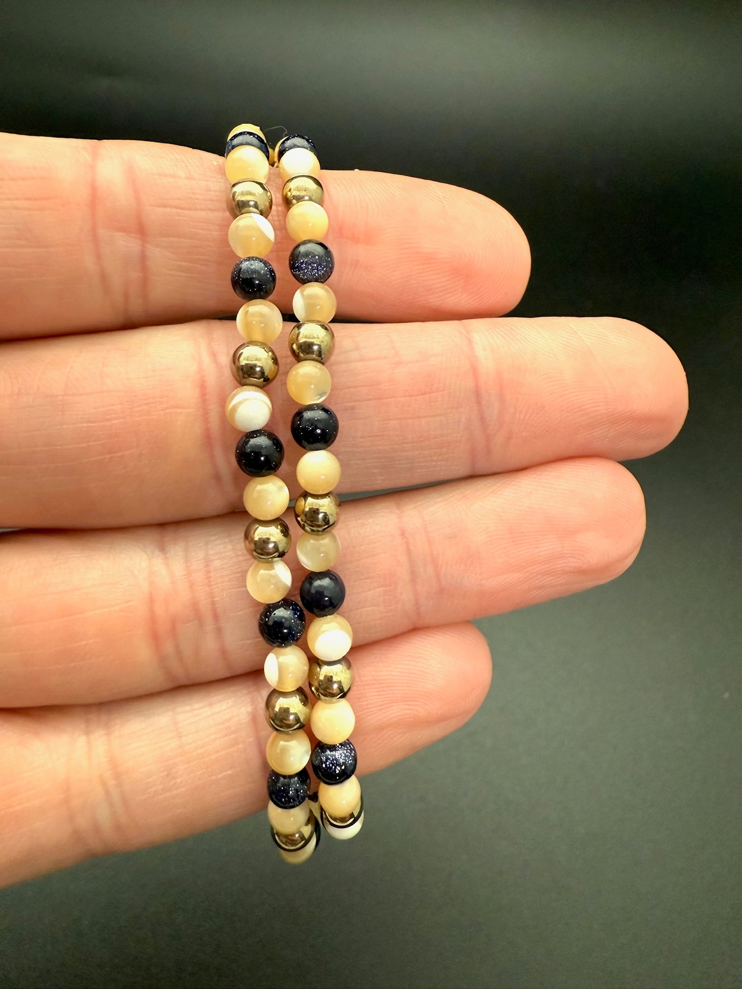 Blue Goldstone, Mother of Pearl and Hematite Bracelet