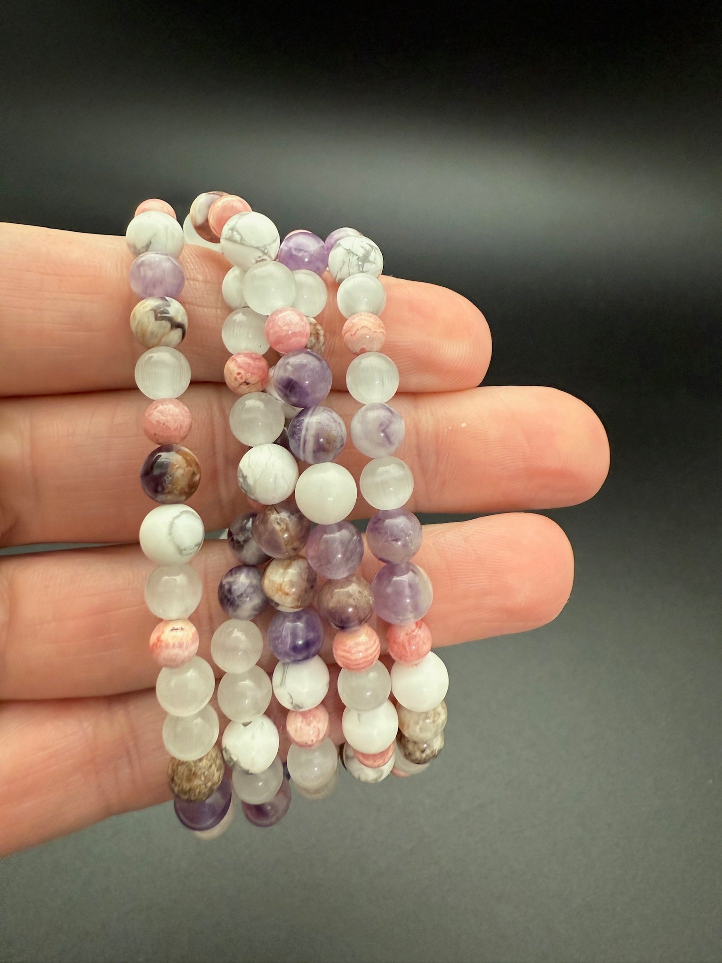 Chevron Amethyst, Rhodochrosite, Howlite and Satin Feldspar Bracelet