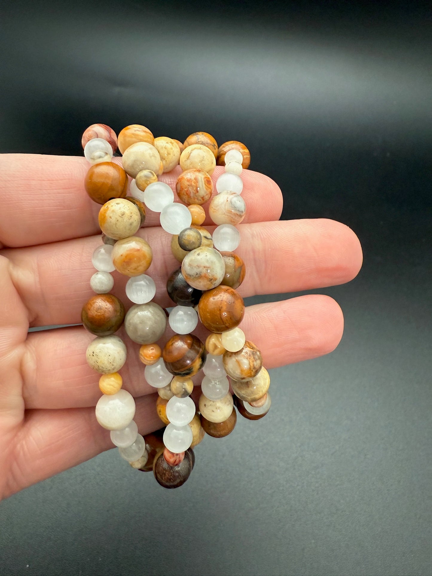 Crazy Lace, Satin Feldspar, and Tiger Iron Bracelet