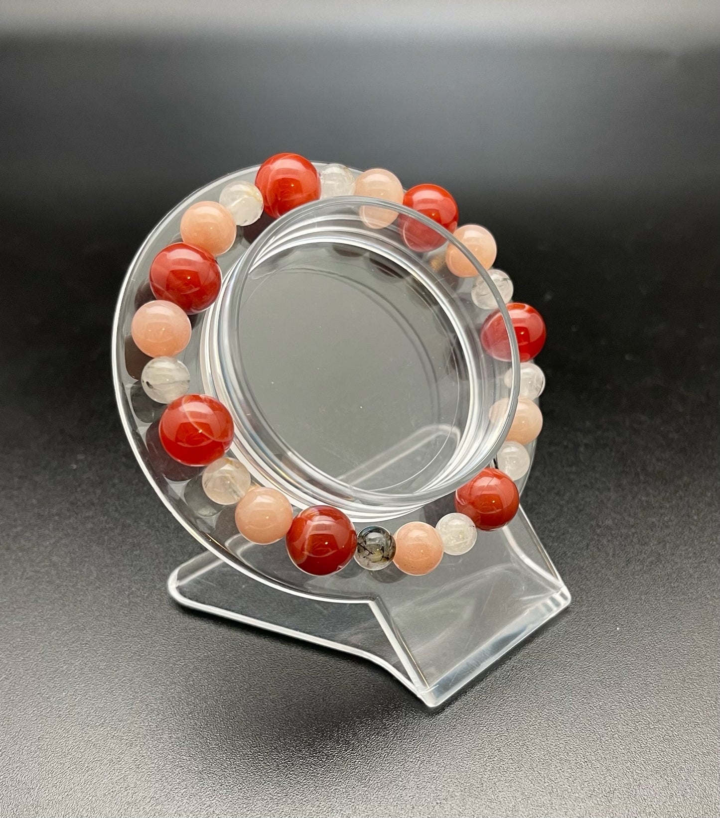 Red Sardonyx, Tourmalated Quartz, and Peach Moonstone Bracelet