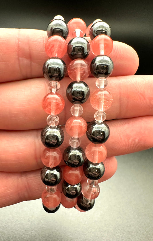 Cherry Quartz, Hematite and Clear Quartz Bracelet