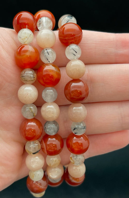 Red Sardonyx, Tourmalated Quartz, and Peach Moonstone Bracelet